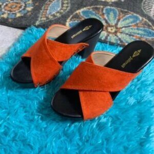 Ladies size 9 3 inch heel Orange  sandals